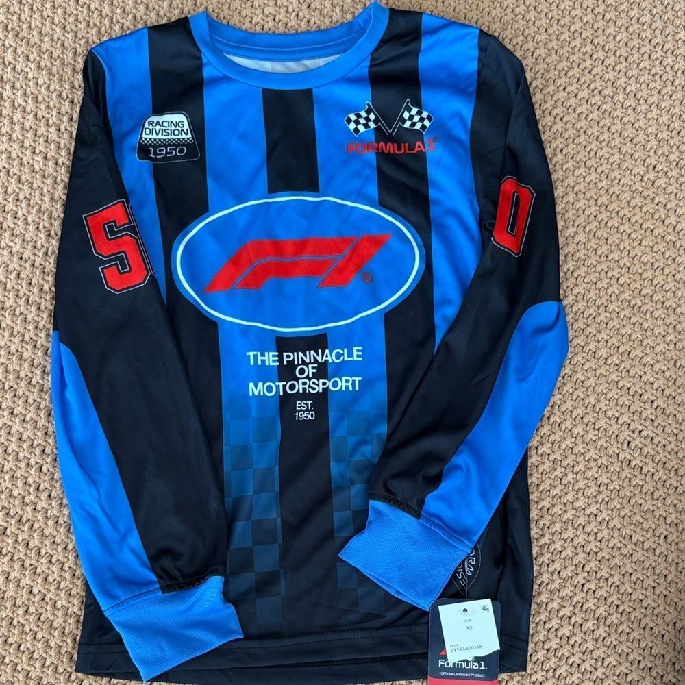 NWT Kids Formula 1 Hybrid Apparel Blue and Black Racing Tee Boys XS
